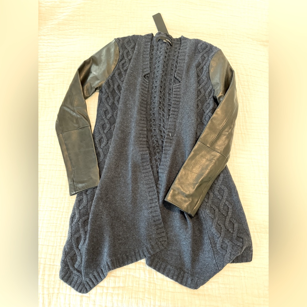 Anna Catherine Blue Cardigan with Black Leather Sleeves NWT 2349
